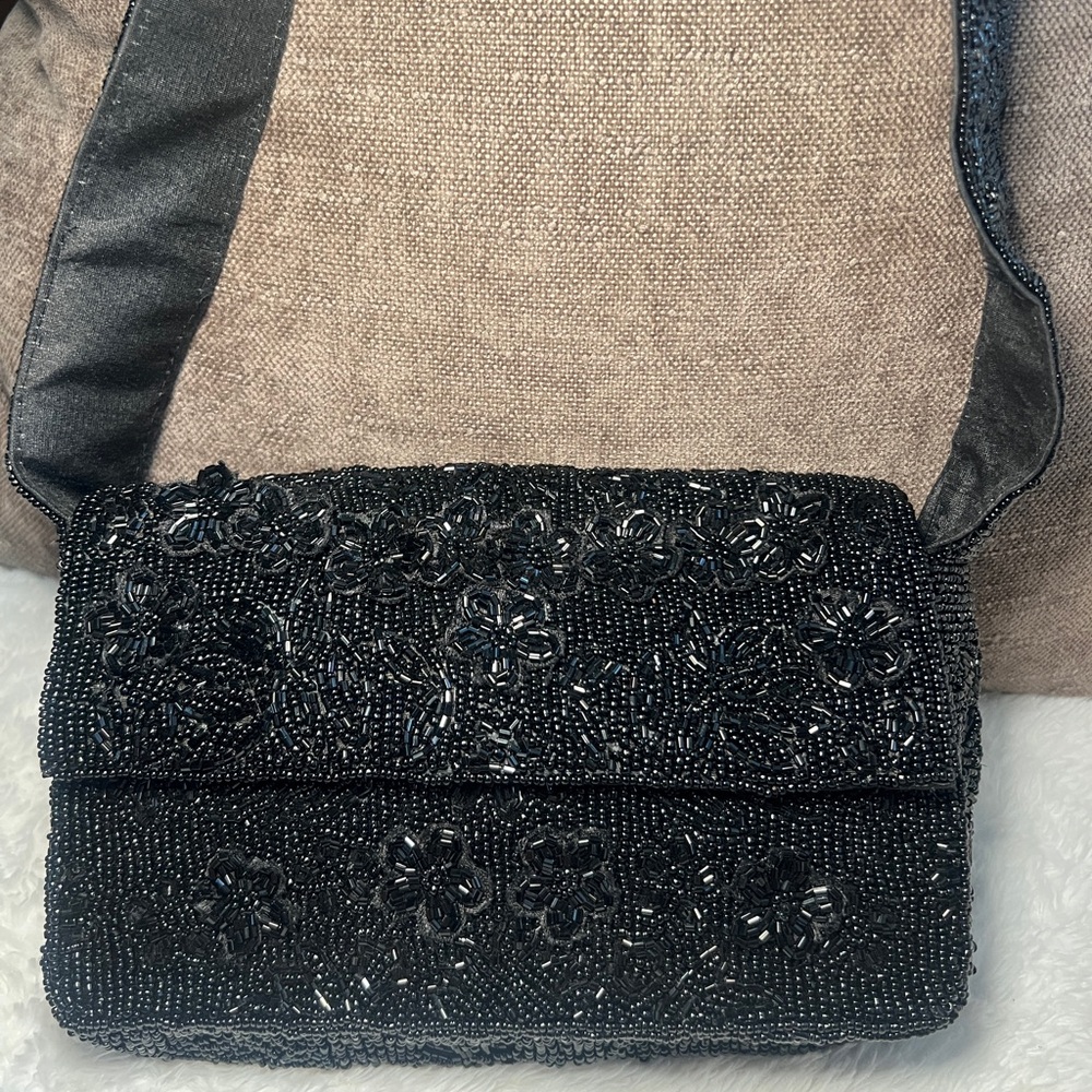 Black Beaded Floral Shoulder Bag